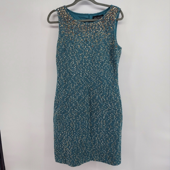 St. John Dresses & Skirts - St. John Couture Teal Shift Dress with Rhinestones